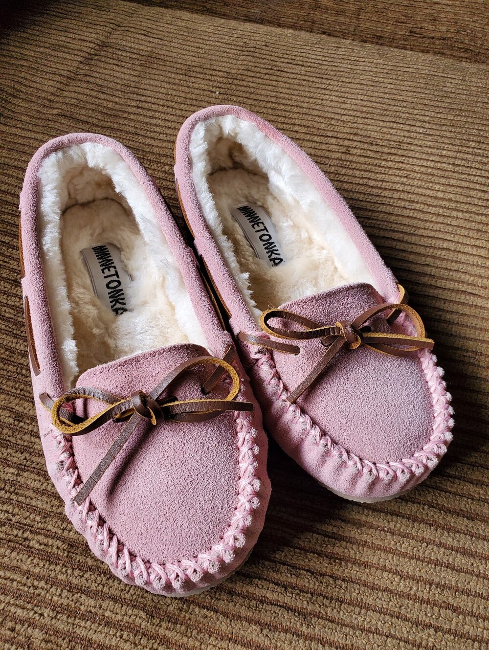 Minnetonka Pink Suede Fuzzy-Lined Moccasin Slippers